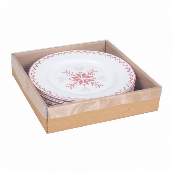 ДЕСЕРТНАЯ ТАРЕЛКА, НАБОР 4 ШТ., COMPTOIR DE FAMILLE,  DESSERT PLATE X4 BOX DAMIER-NOEL RED D20 PORCELAIN, АРТИКУЛ 200341