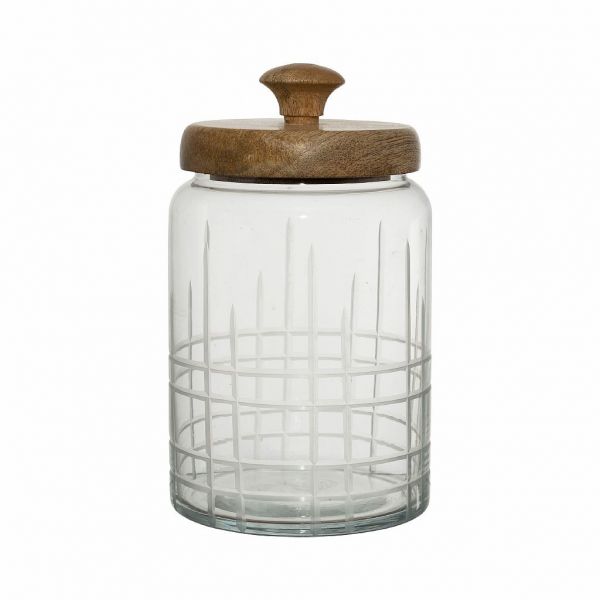 Бонбоньерка, СТЕКЛО+МАССИВ ДЕРЕВА МАНГО., COMPTOIR DE FAMILLE,  ENGRAVED JAR W/LID CAR-CIMENT  D12XH21 GLASS+MANGO, АРТИКУЛ 201060