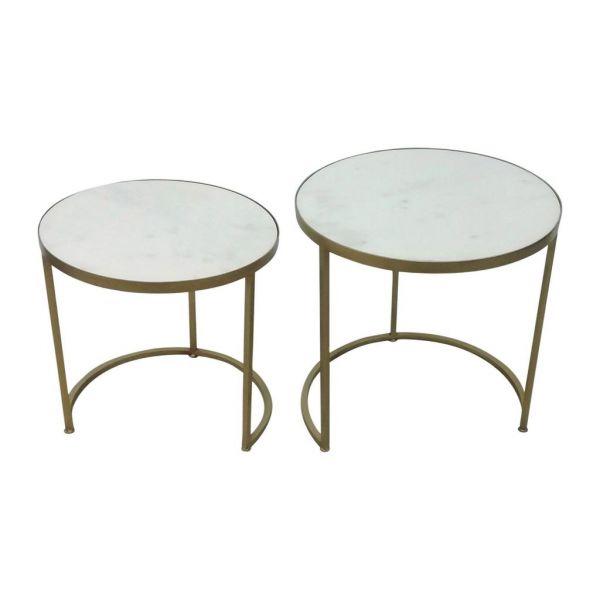 Столик приставной, набор 2 шт,, NEST OF 2 TABLES  MILUNE WH+GOLD H54/48 IRON+MARBLE ,Cote Table ,Арт,: 37062